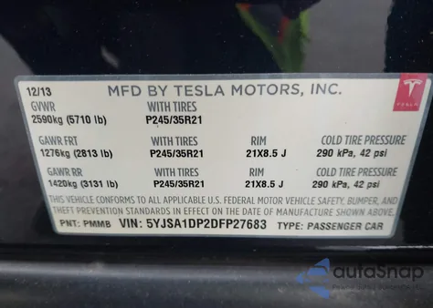 2013 Tesla Model S Performance z USA, uszkodzony, nr VIN 5YJSA1DP2DFP27683